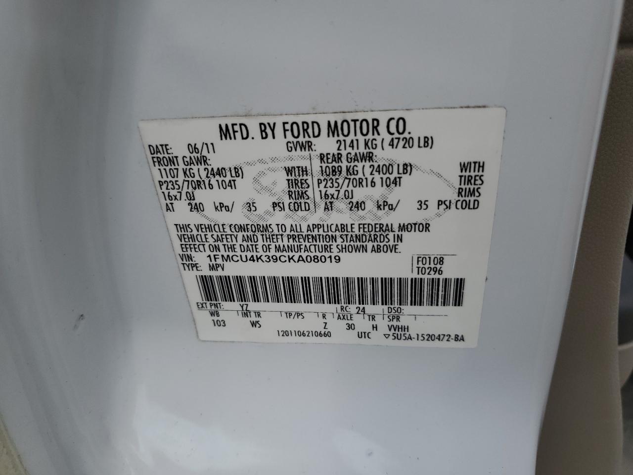 1FMCU4K39CKA08019 2012 Ford Escape Hybrid