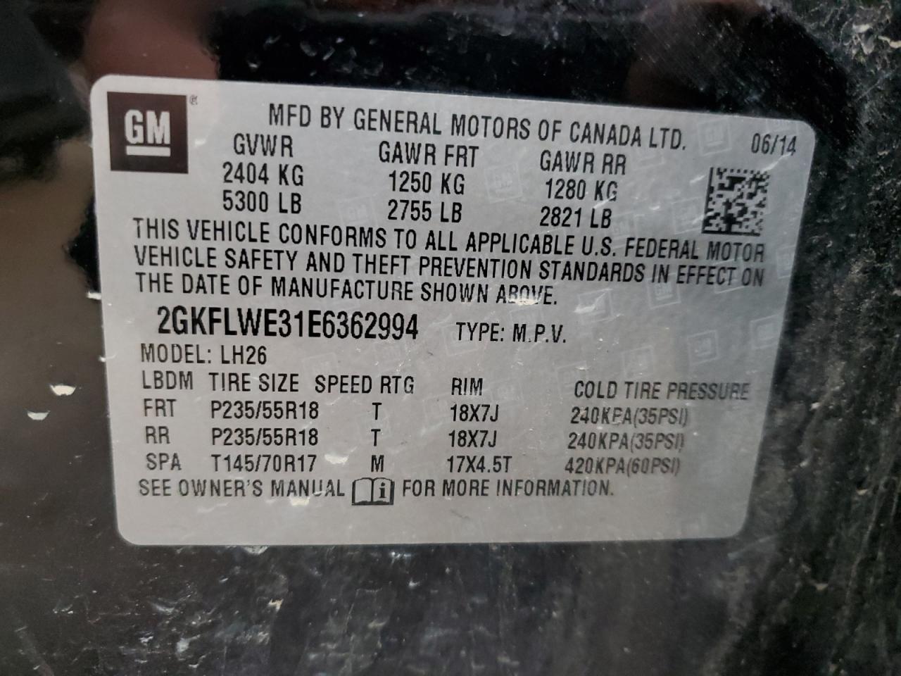 2GKFLWE31E6362994 2014 GMC Terrain Sle