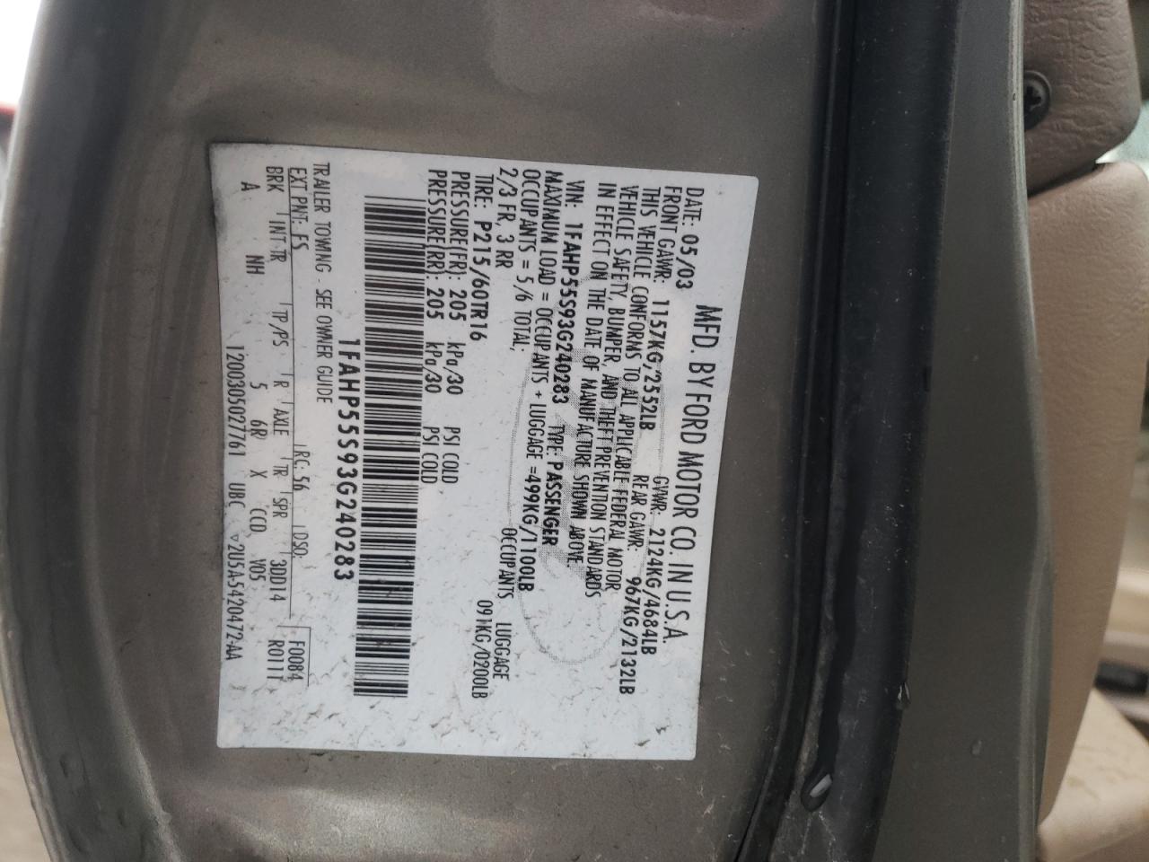 1FAHP55S93G240283 2003 Ford Taurus Ses