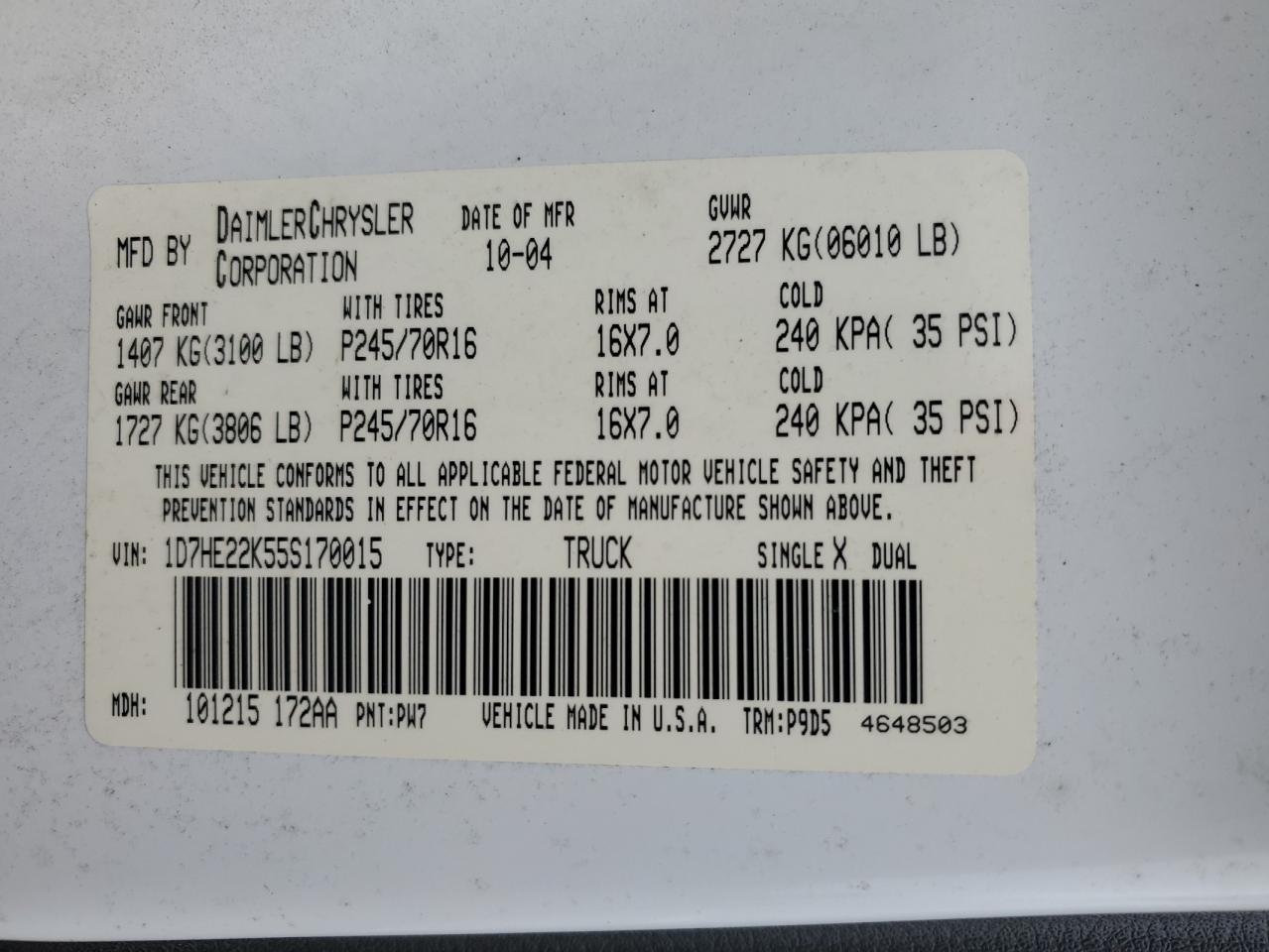 1D7HE22K55S170015 2005 Dodge Dakota St