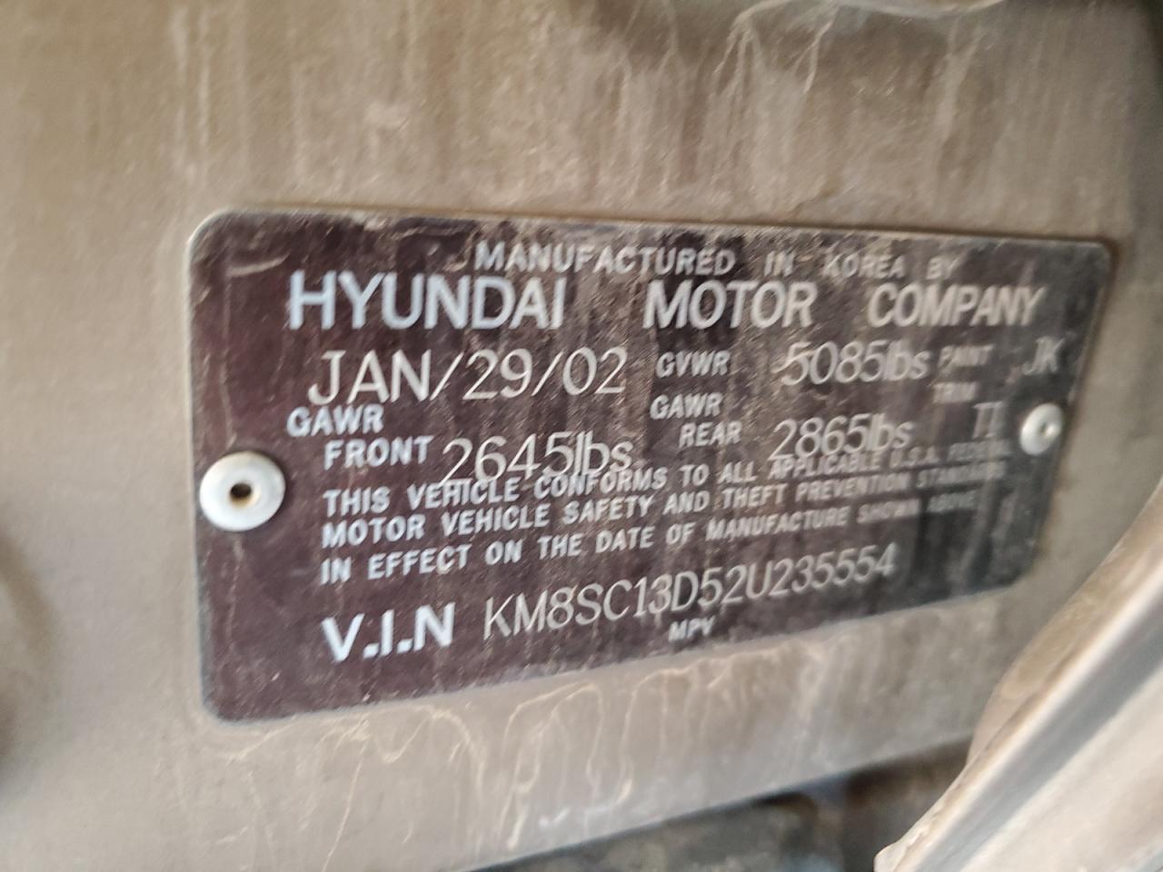 KM8SC13D52U235554 2002 Hyundai Santa Fe Gls