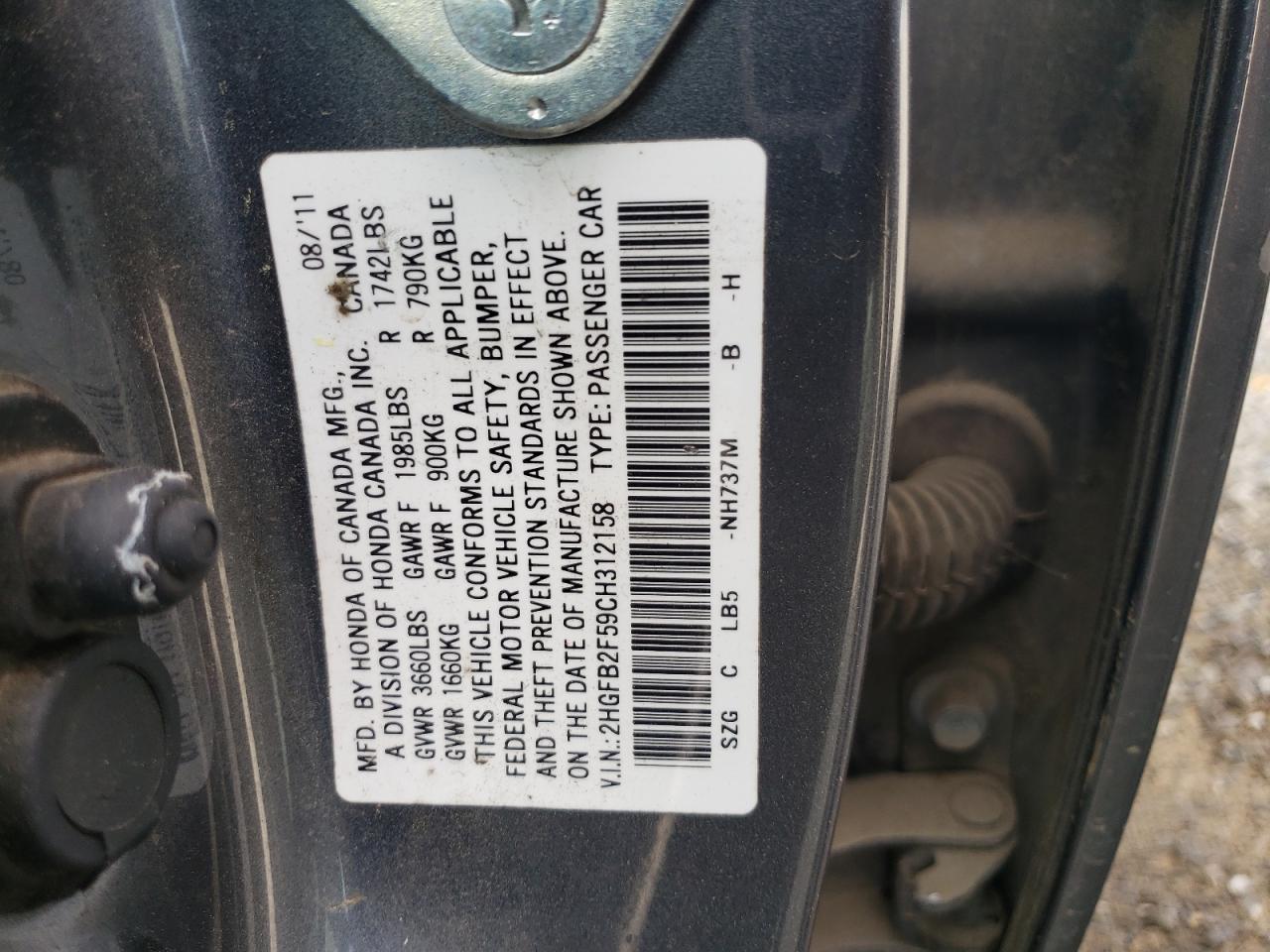 2HGFB2F59CH312158 2012 Honda Civic Lx