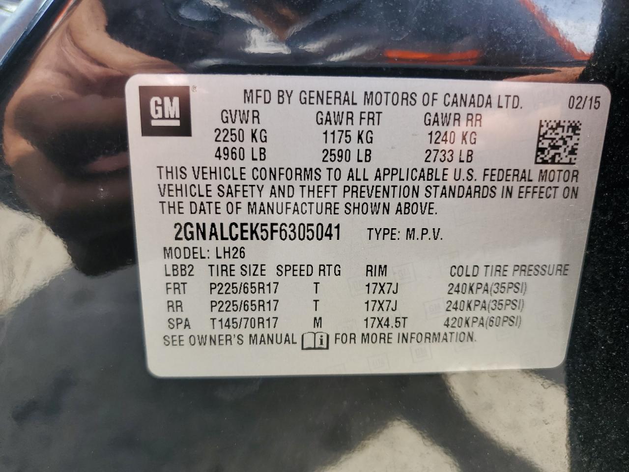 2GNALCEK5F6305041 2015 Chevrolet Equinox Lt