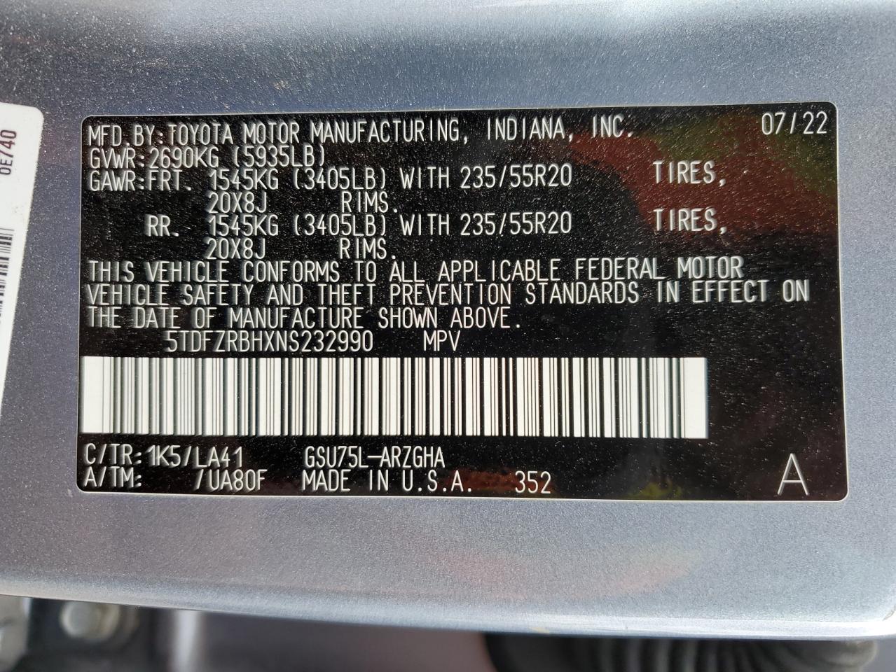 5TDFZRBHXNS232990 2022 Toyota Highlander Platinum