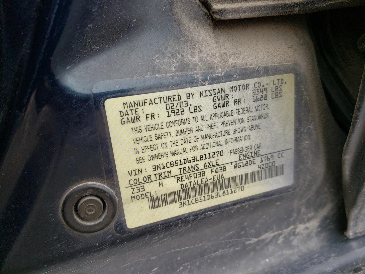 3N1CB51D63L811270 2003 Nissan Sentra Xe