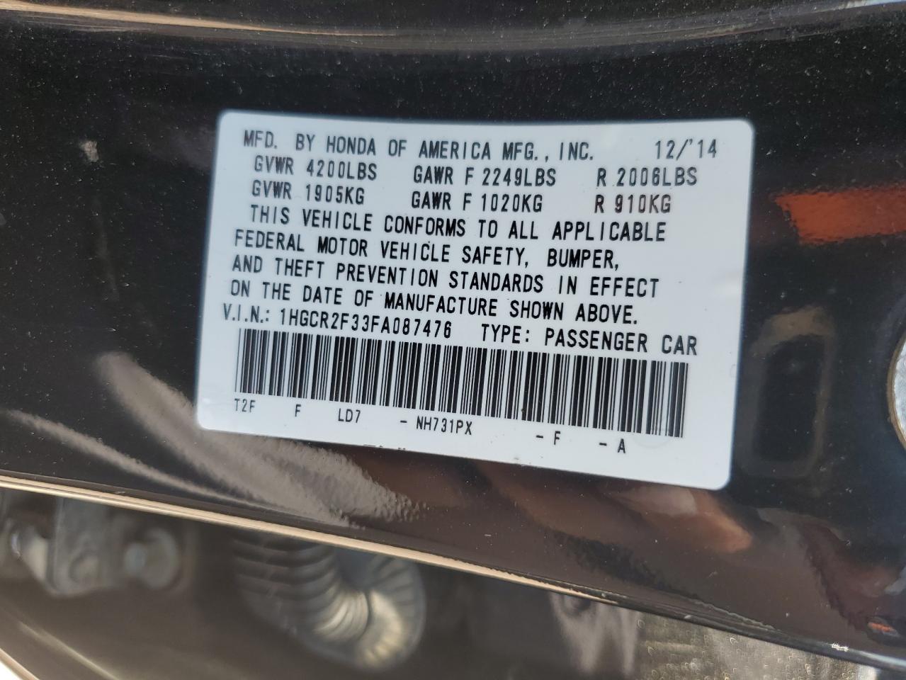 1HGCR2F33FA087476 2015 Honda Accord Lx