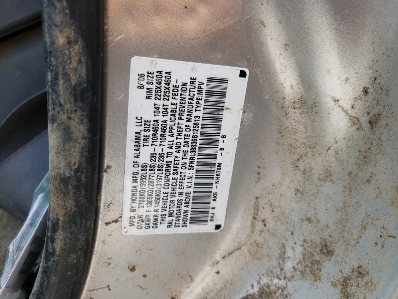 5FNRL38836B125613 2006 Honda Odyssey Touring