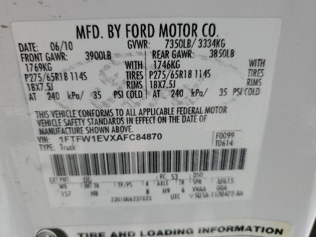 2010 Ford F150 Supercrew VIN: 1FTFW1EVXAFC84870 Lot: 50828544