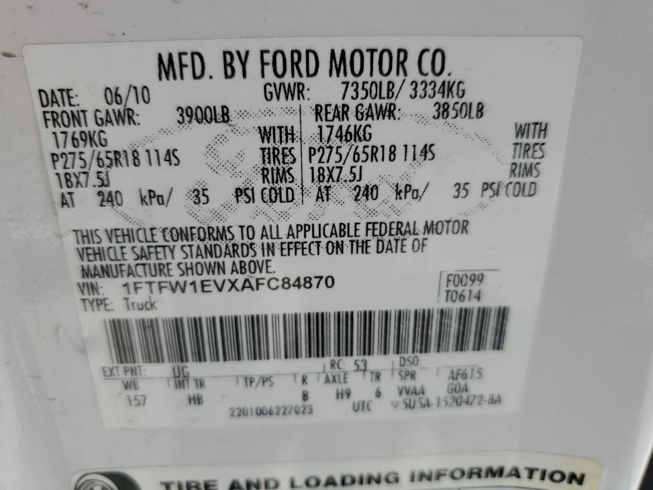 1FTFW1EVXAFC84870 2010 Ford F150 Supercrew