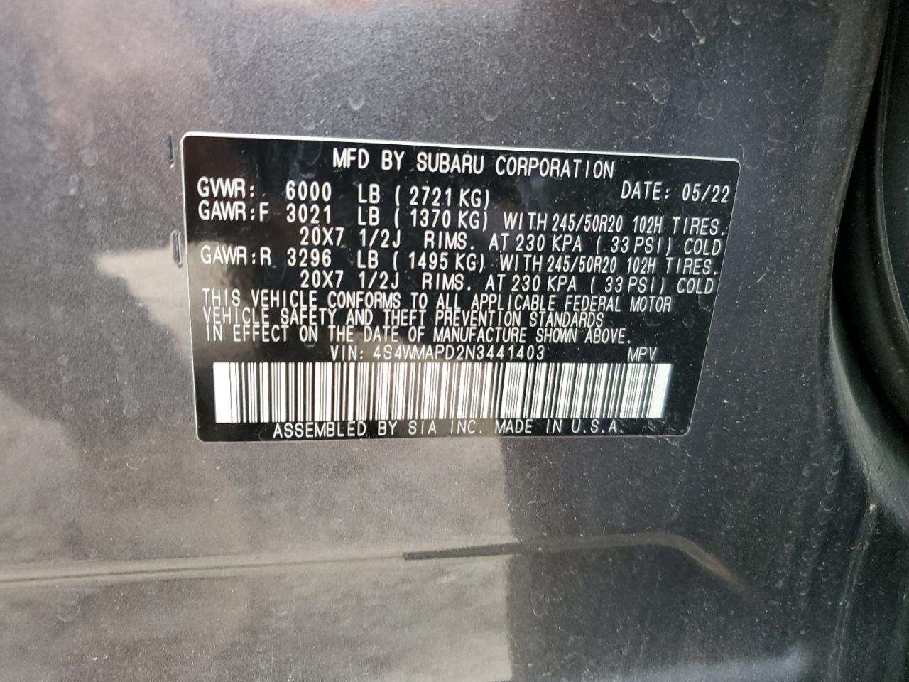 4S4WMAPD2N3441403 2022 Subaru Ascent Limited