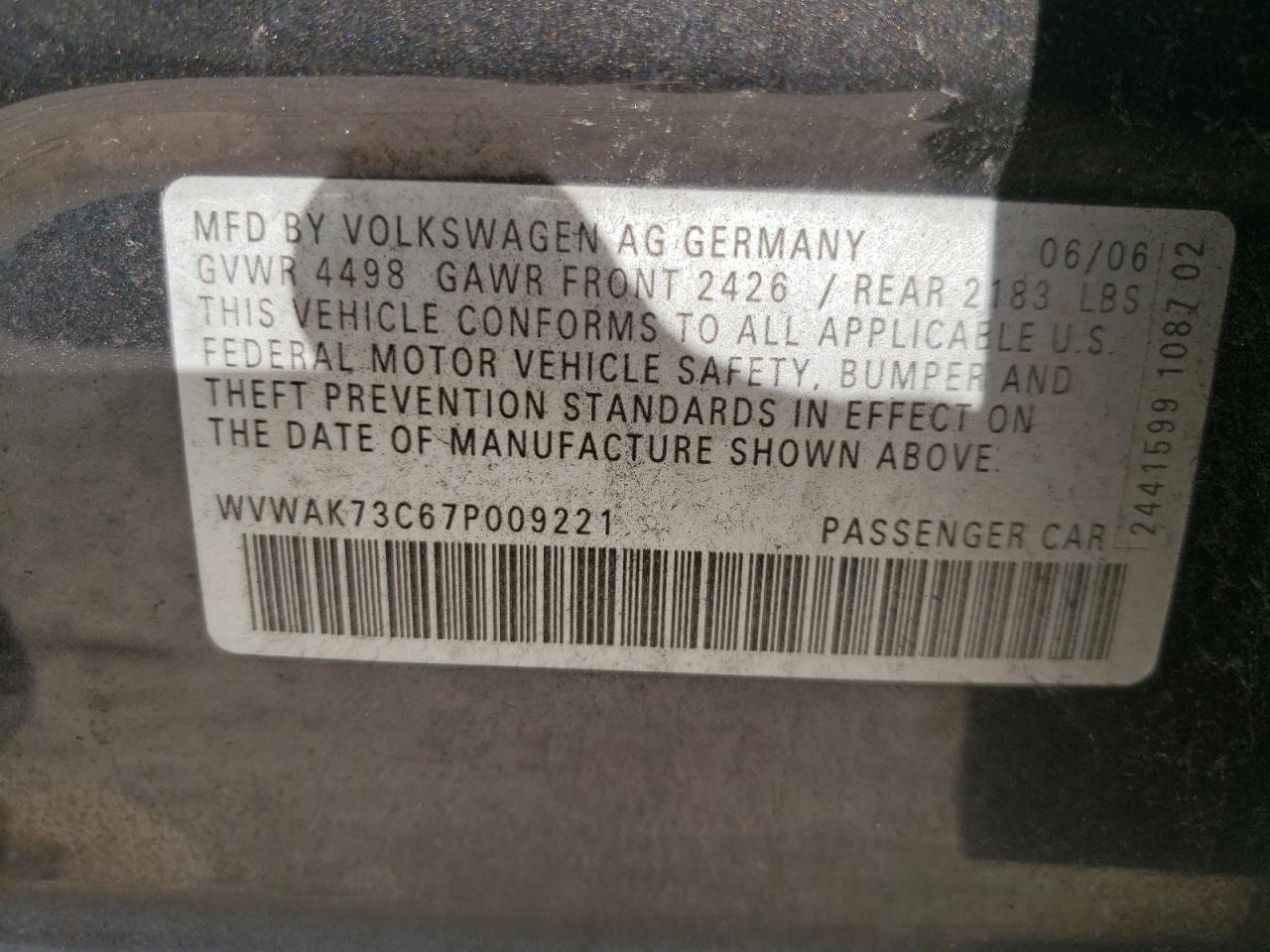 WVWAK73C67P009221 2007 Volkswagen Passat 2.0T