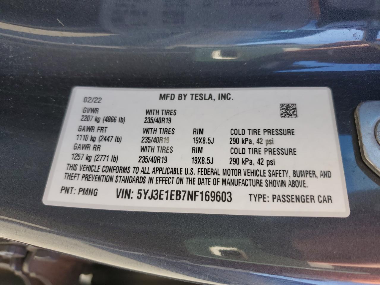 5YJ3E1EB7NF169603 2022 Tesla Model 3