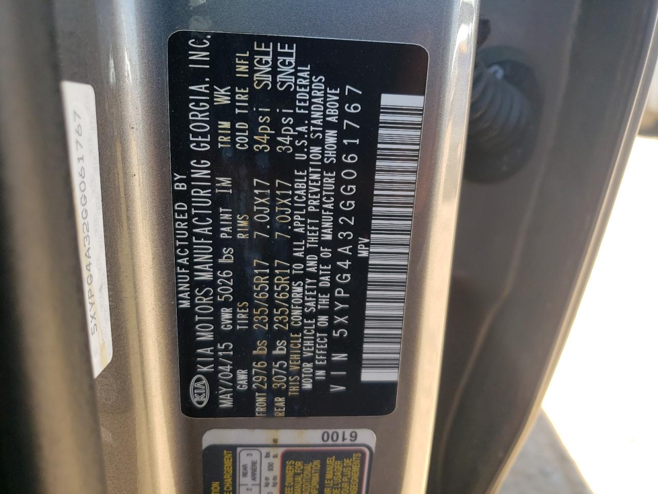 5XYPG4A32GG061767 2016 Kia Sorento Lx