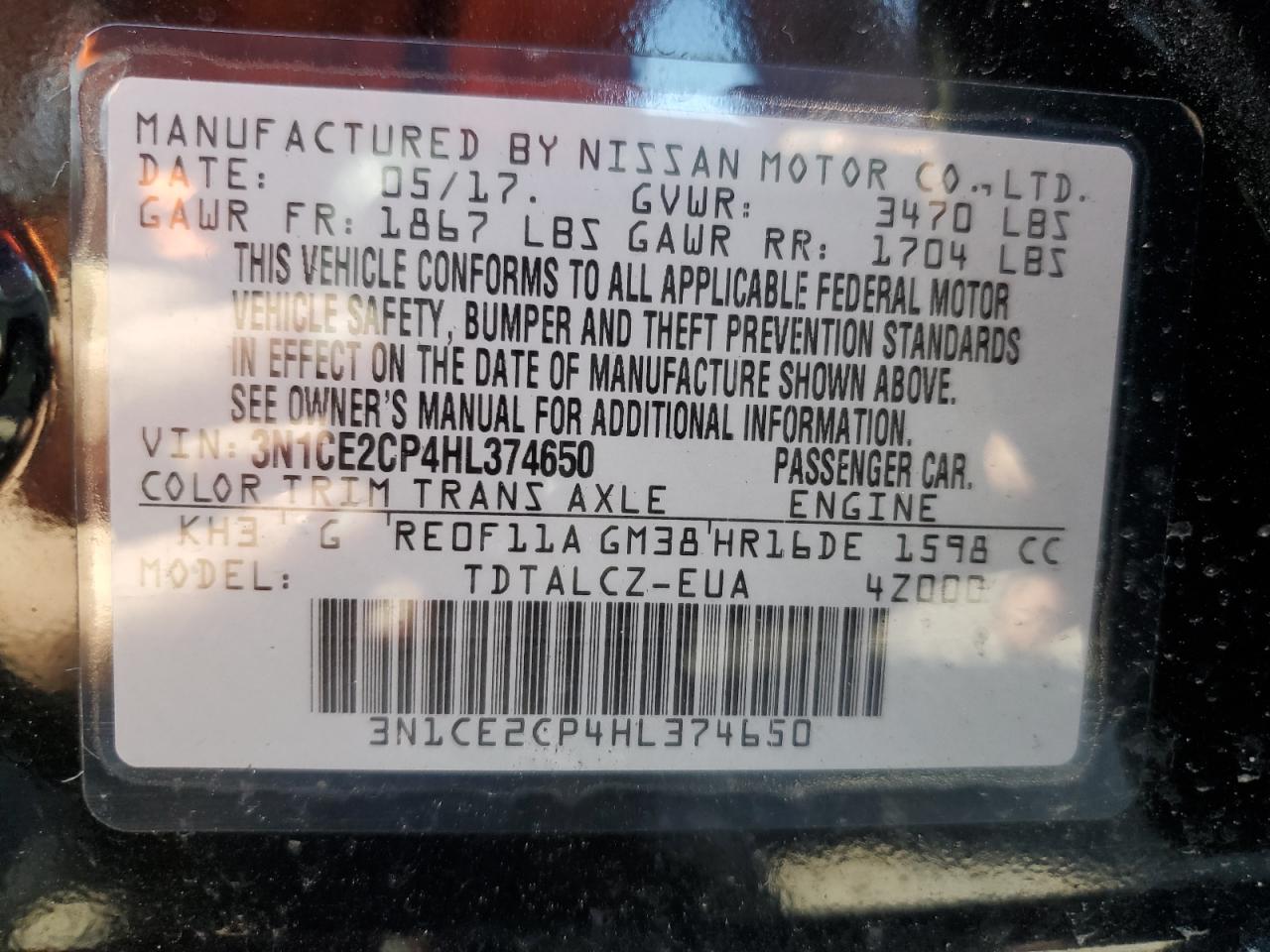 3N1CE2CP4HL374650 2017 Nissan Versa Note S