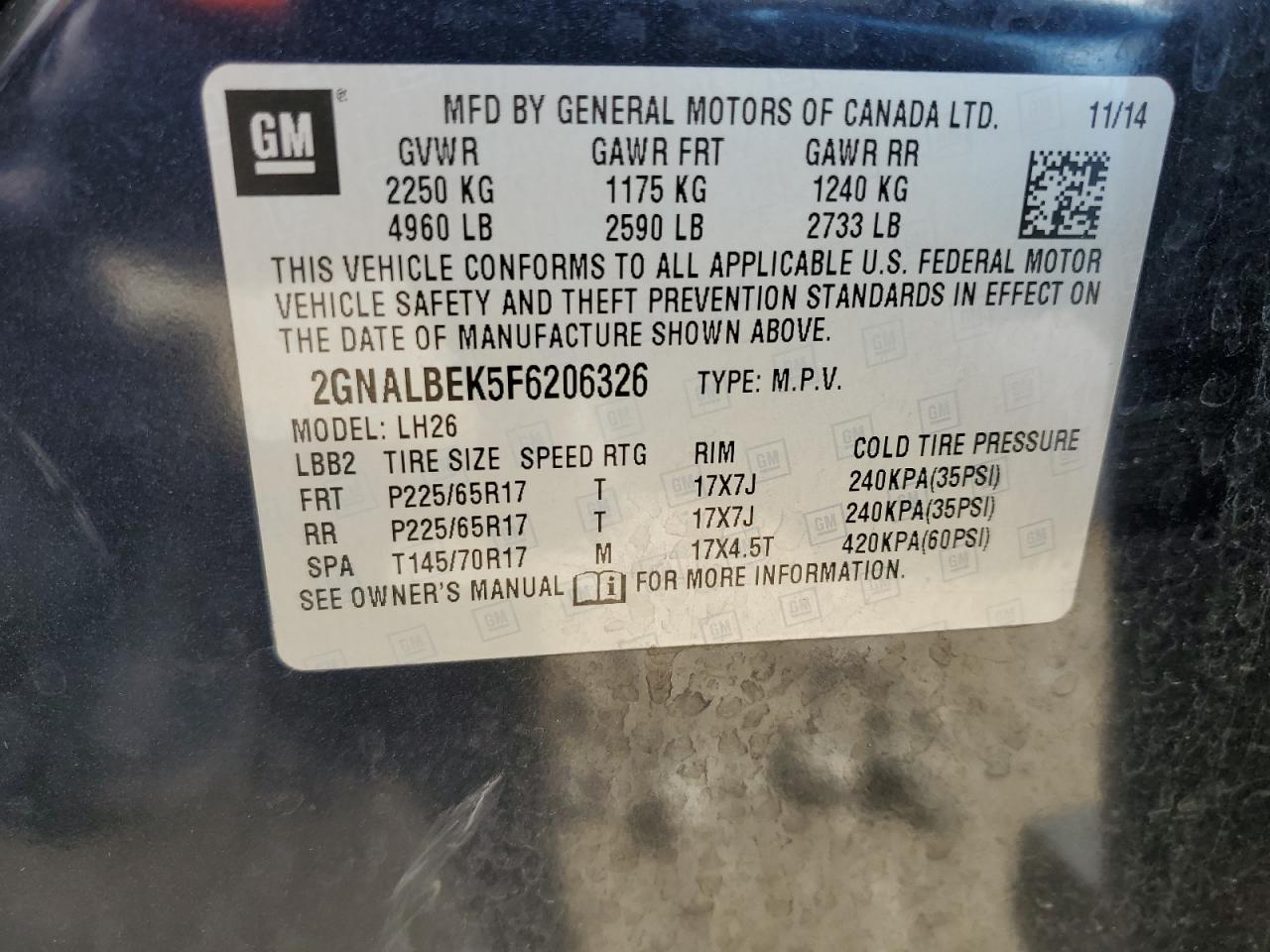 2GNALBEK5F6206326 2015 Chevrolet Equinox Lt