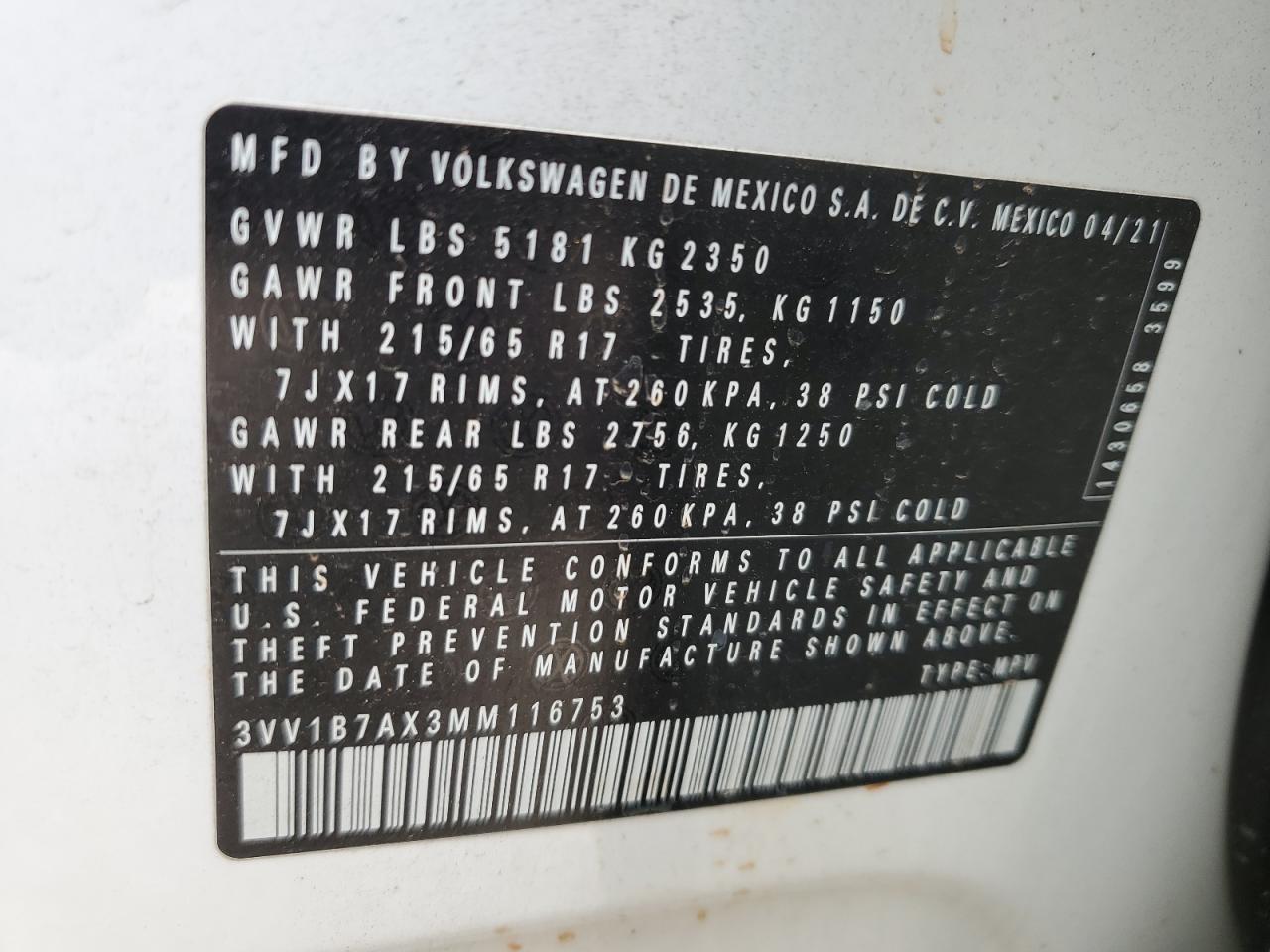 3VV1B7AX3MM116753 2021 Volkswagen Tiguan S