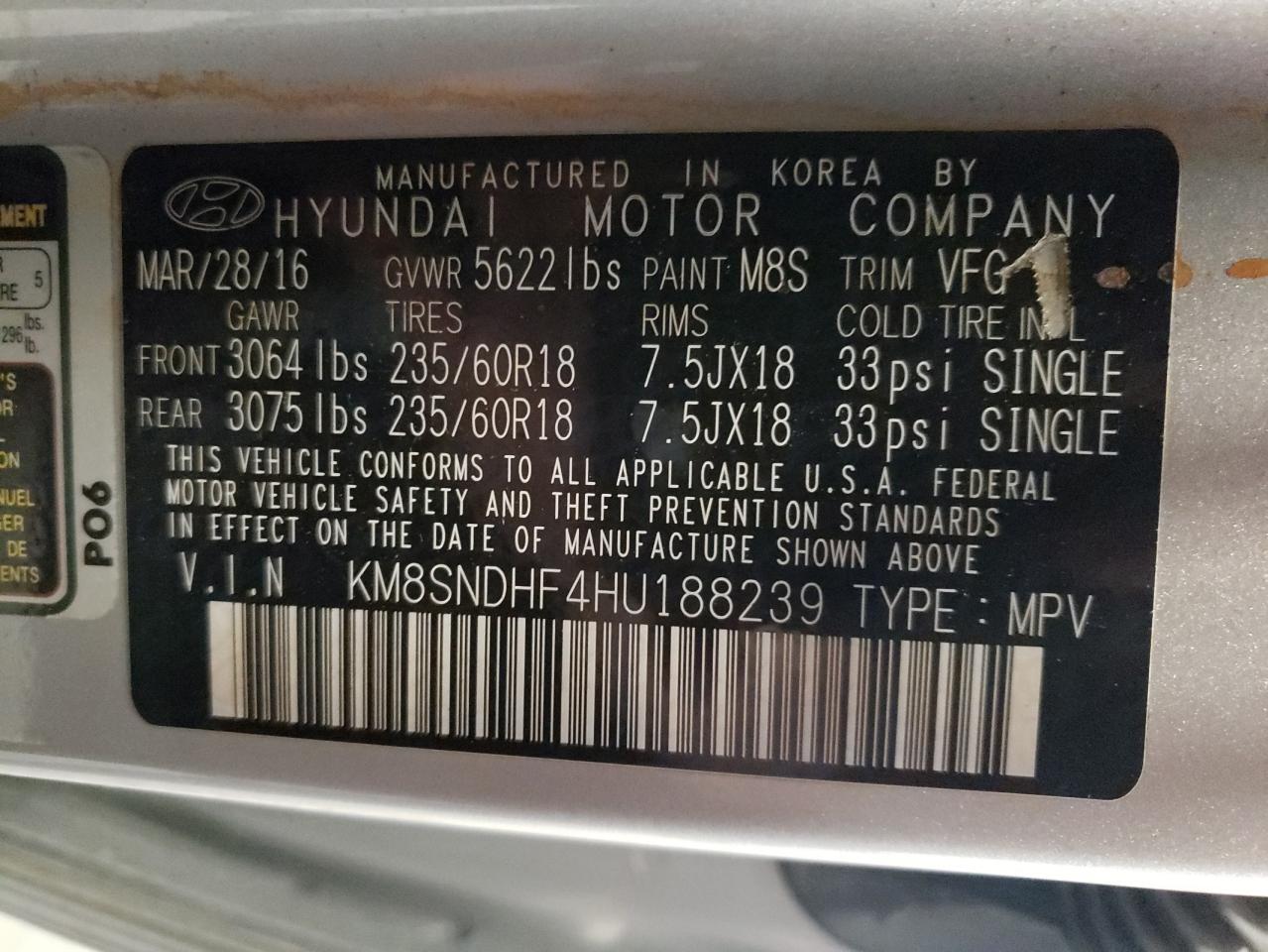 KM8SNDHF4HU188239 2017 Hyundai Santa Fe Se