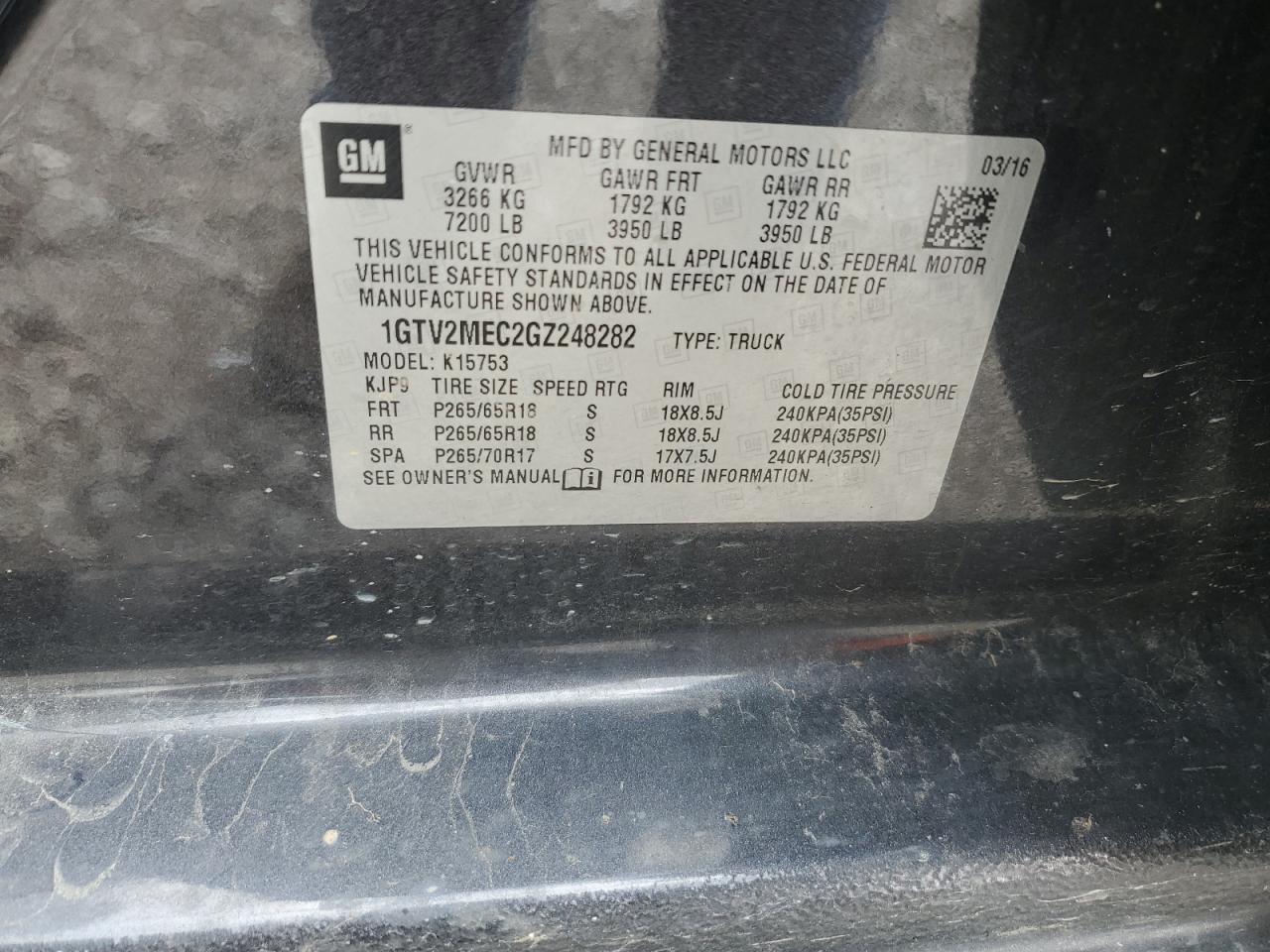 1GTV2MEC2GZ248282 2016 GMC Sierra K1500 Sle