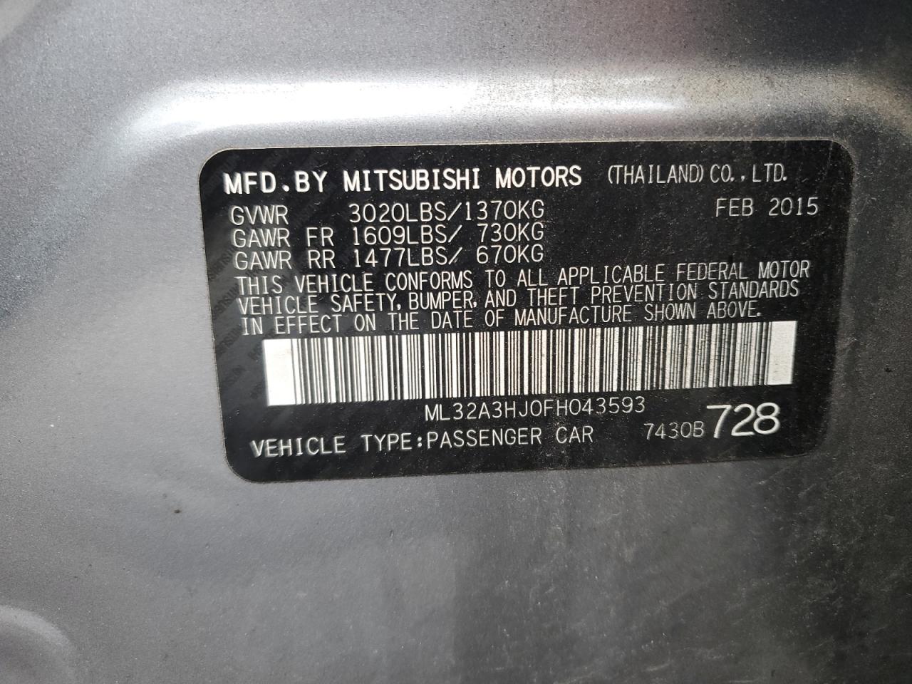 ML32A3HJ0FH043593 2015 Mitsubishi Mirage De