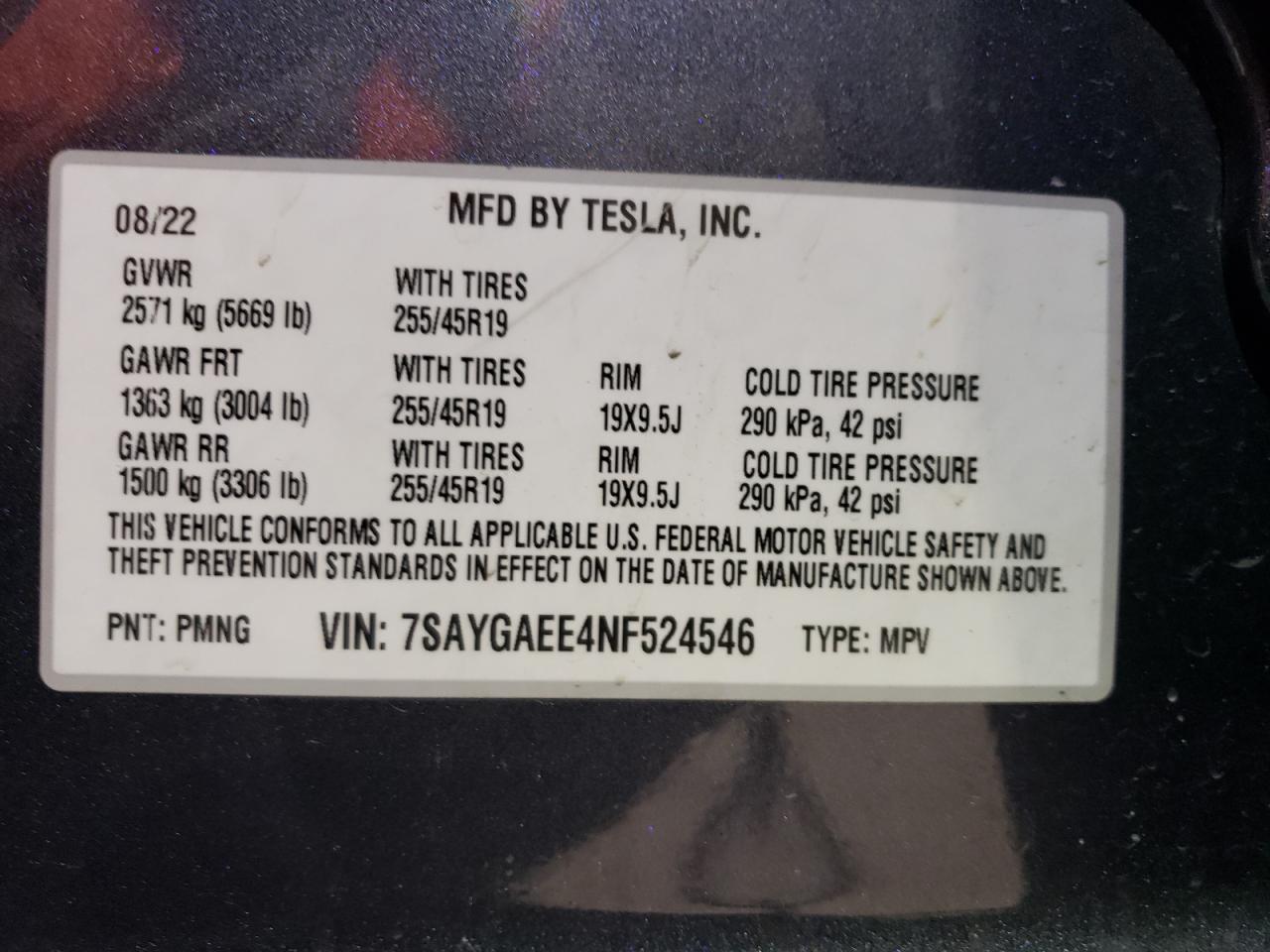 7SAYGAEE4NF524546 2022 Tesla Model Y