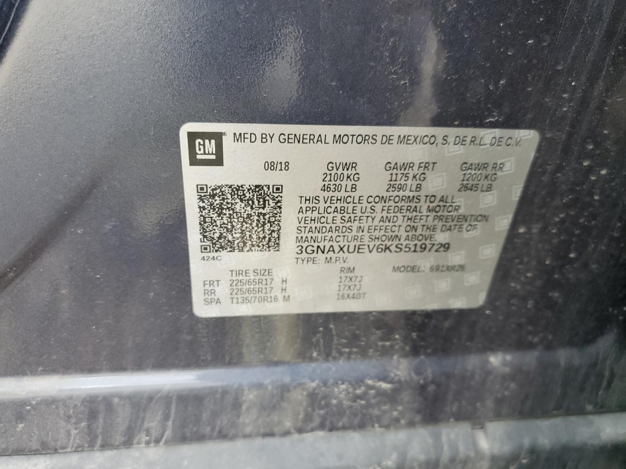 3GNAXUEV6KS519729 2019 Chevrolet Equinox Lt