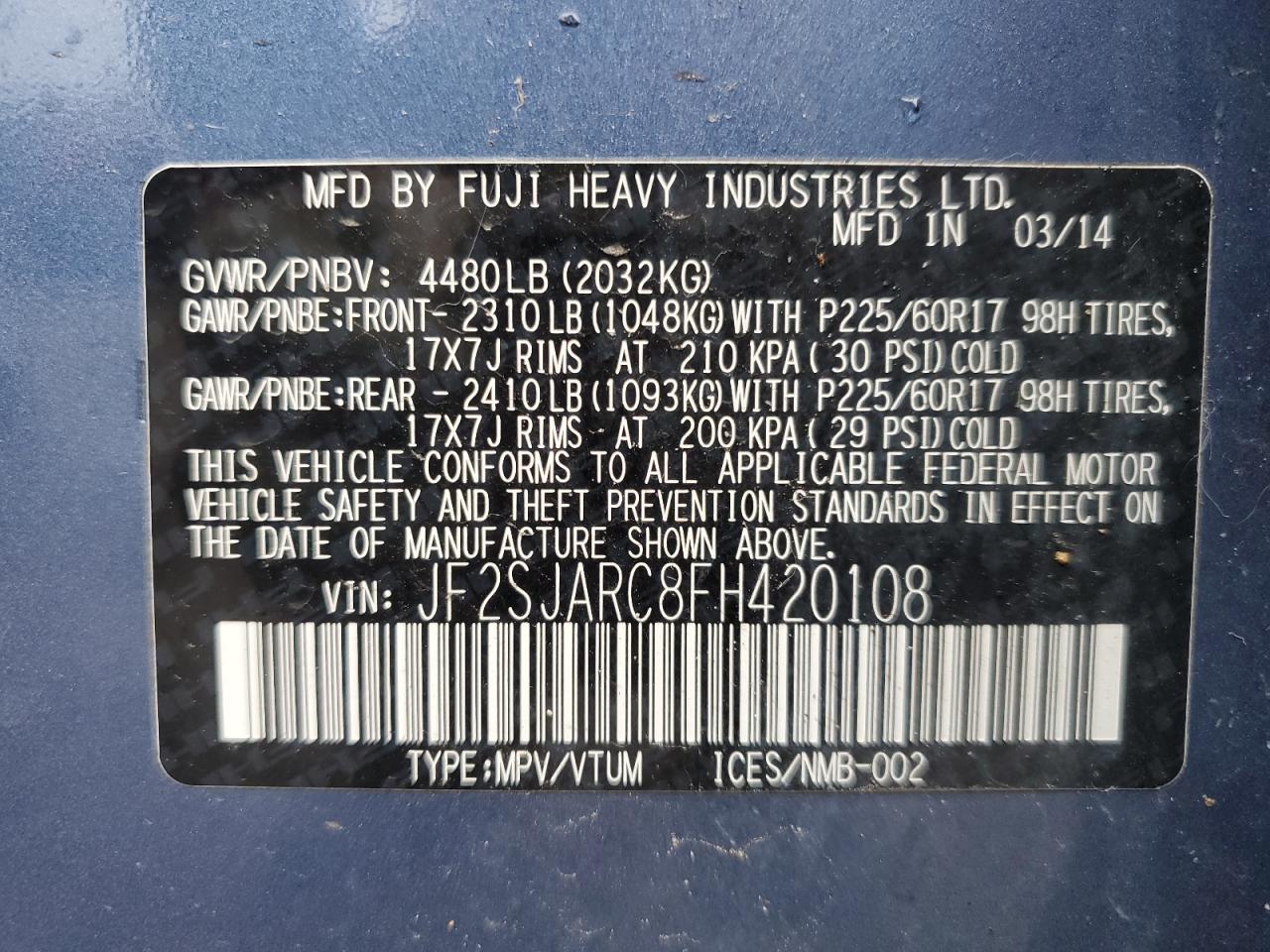 JF2SJARC8FH420108 2015 Subaru Forester 2.5I Limited