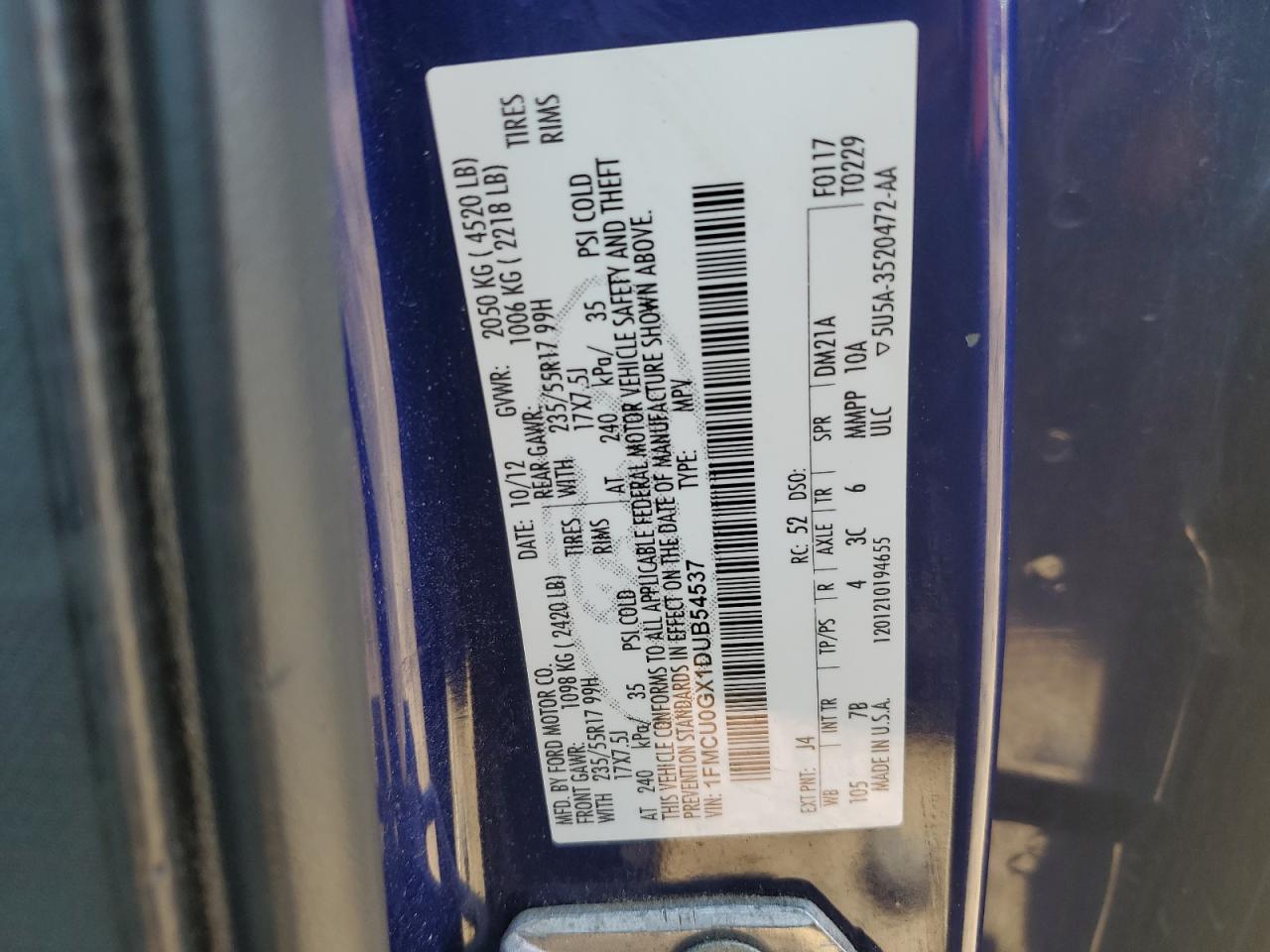 1FMCU0GX1DUB54537 2013 Ford Escape Se