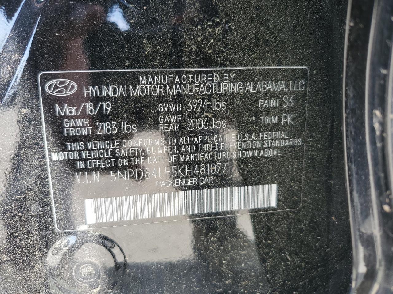 5NPD84LF5KH481077 2019 Hyundai Elantra Sel