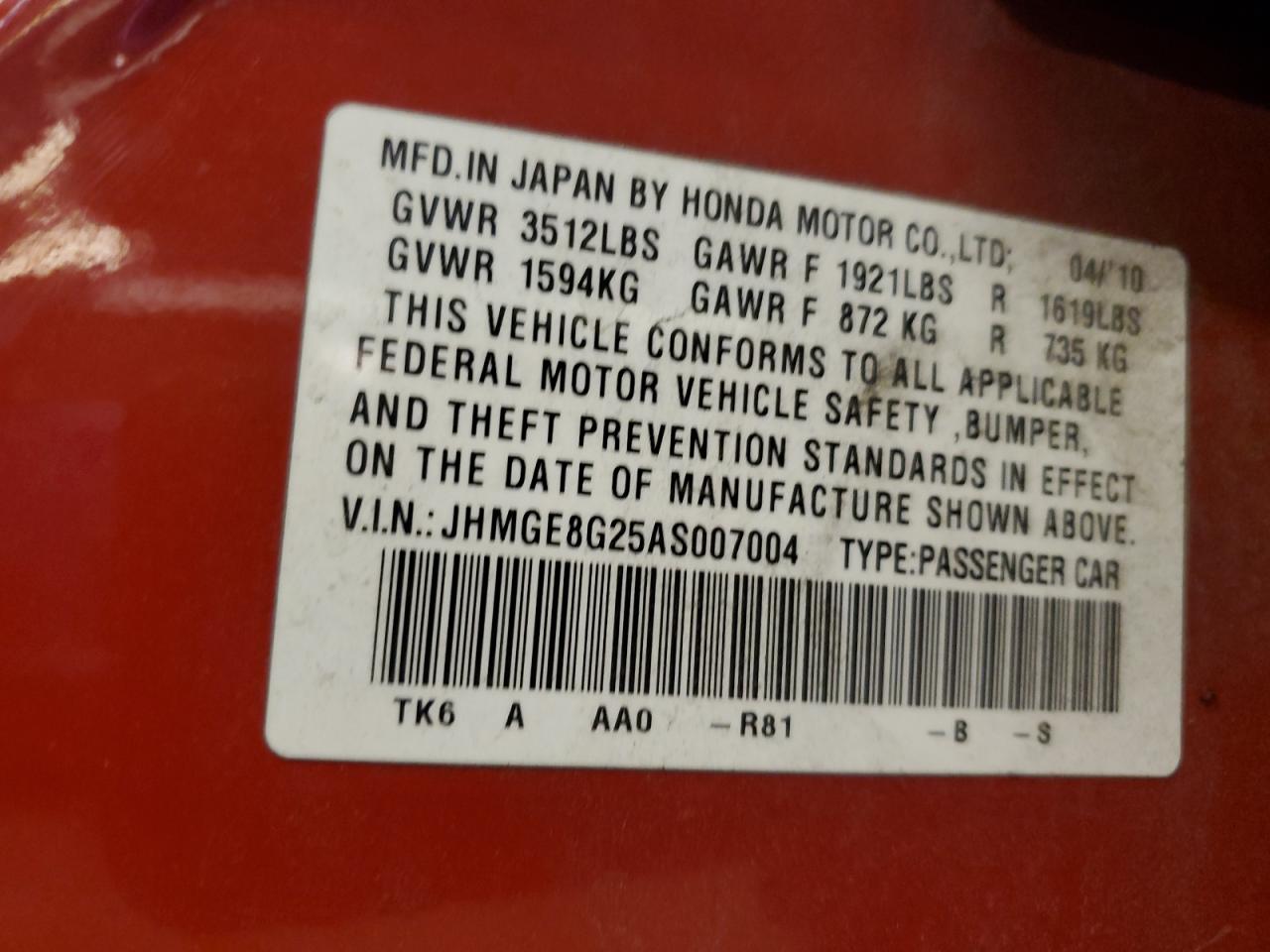 JHMGE8G25AS007004 2010 Honda Fit