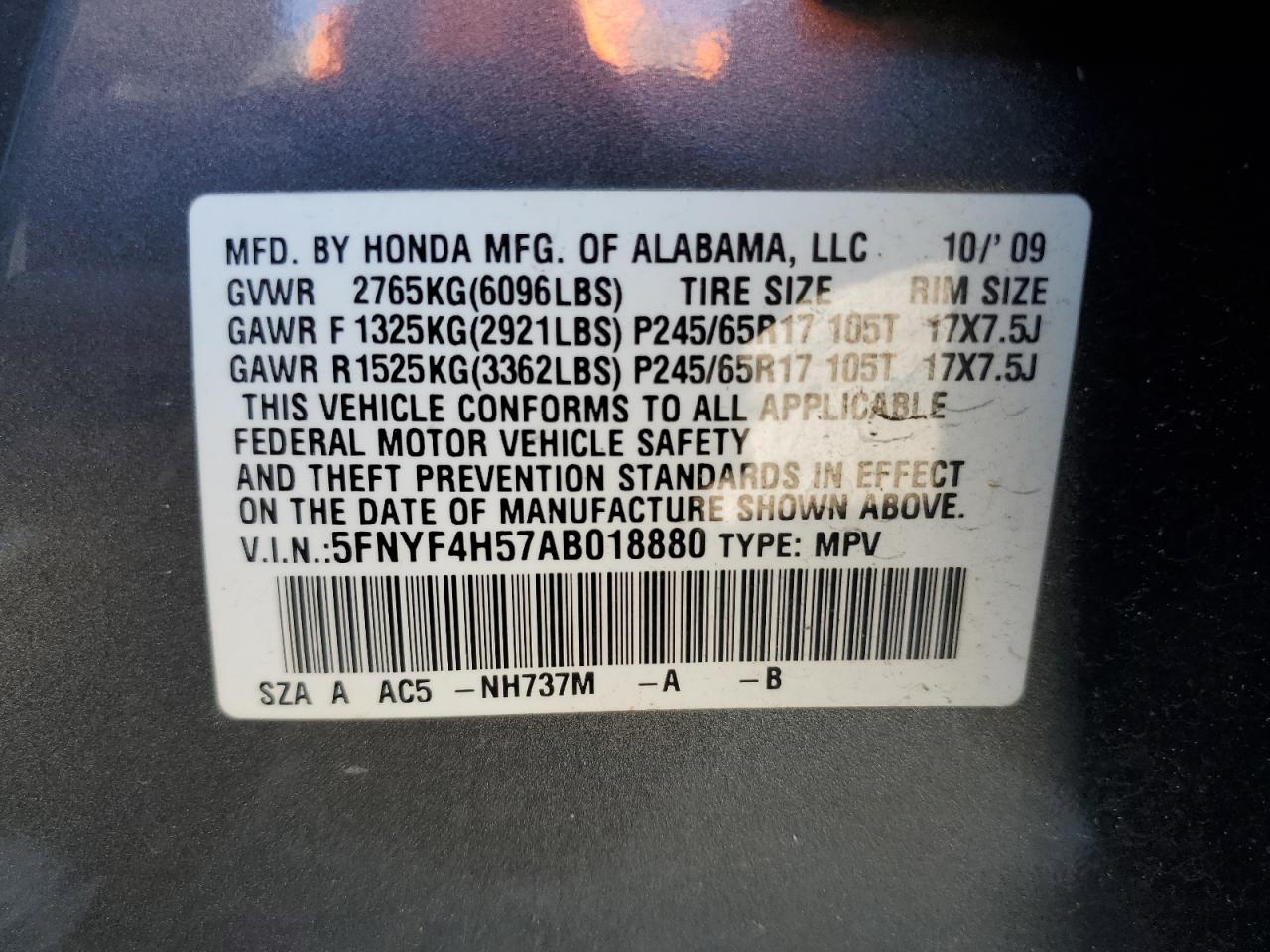 5FNYF4H57AB018880 2010 Honda Pilot Exl