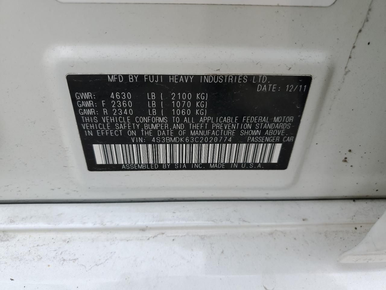 4S3BMDK63C2020774 2012 Subaru Legacy 3.6R Limited