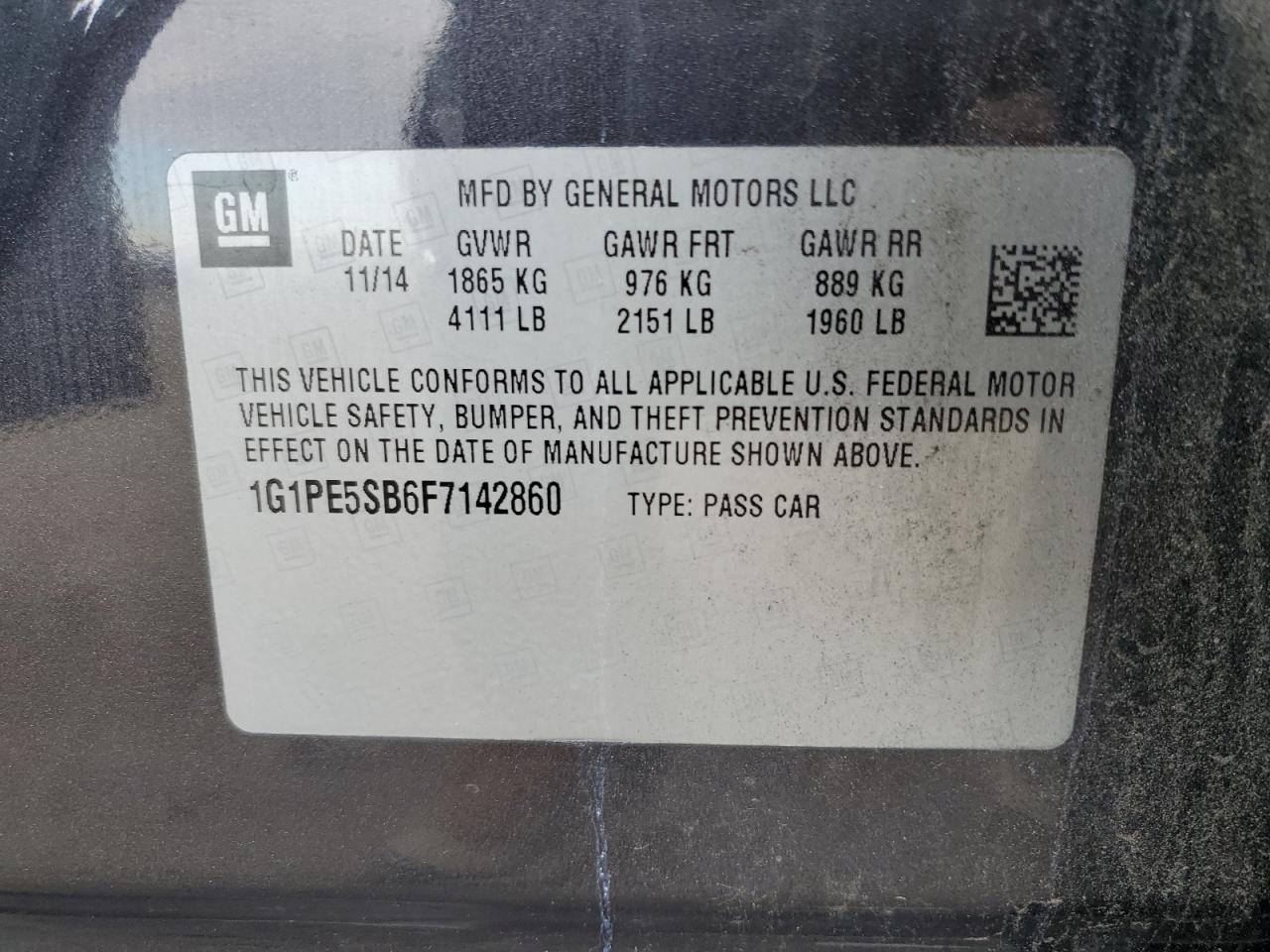 1G1PE5SB6F7142860 2015 Chevrolet Cruze Lt