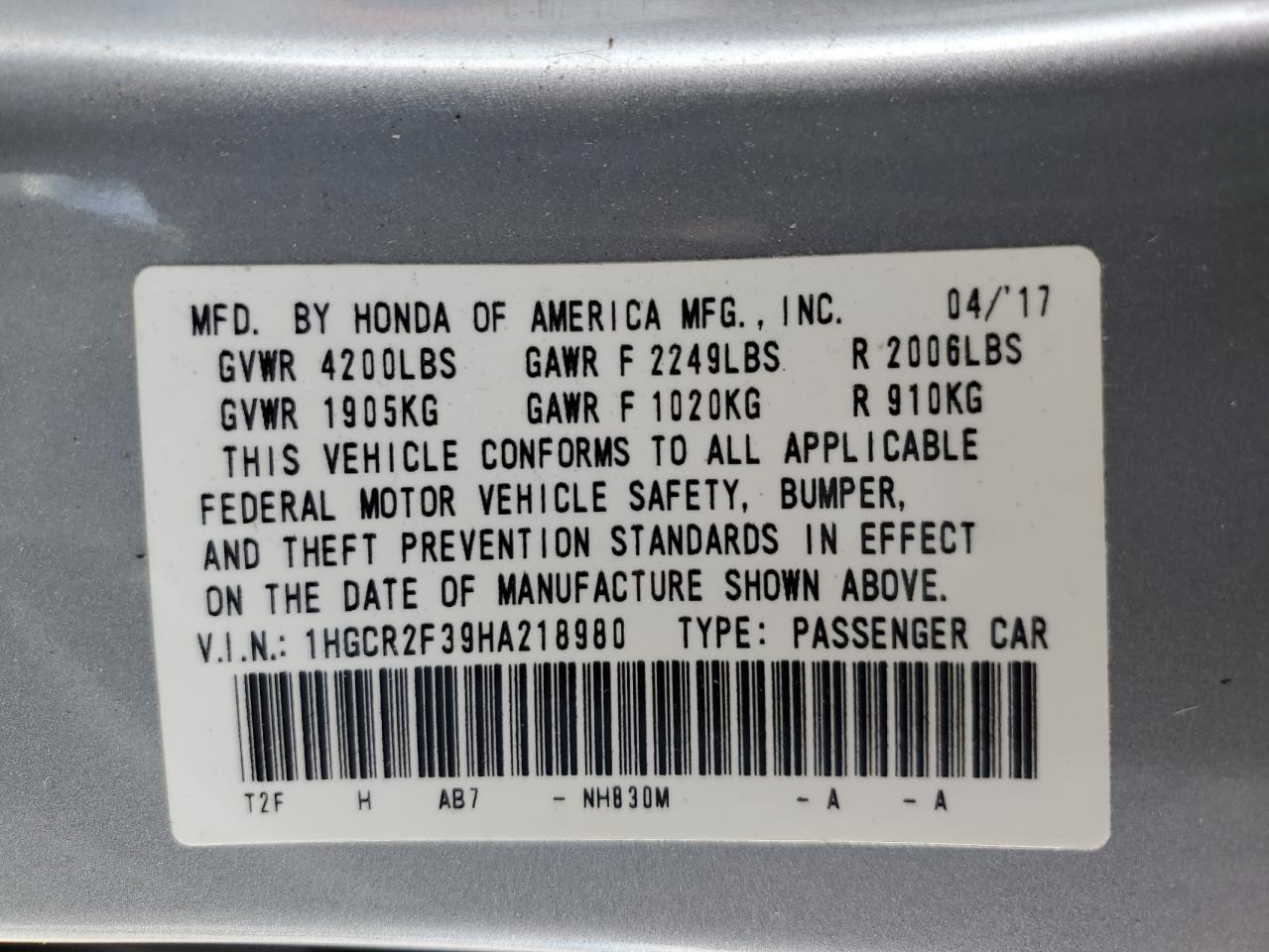 1HGCR2F39HA218980 2017 Honda Accord Lx