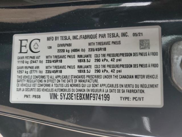 2021 Tesla Model 3 VIN: 5YJ3E1EBXMF974199 Lot: 49709494