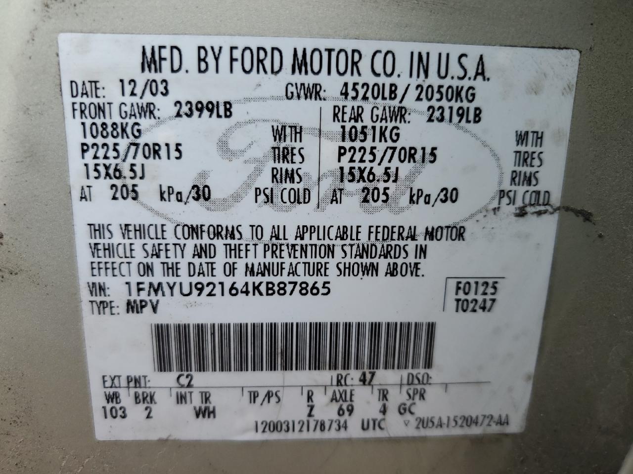 1FMYU92164KB87865 2004 Ford Escape Xls