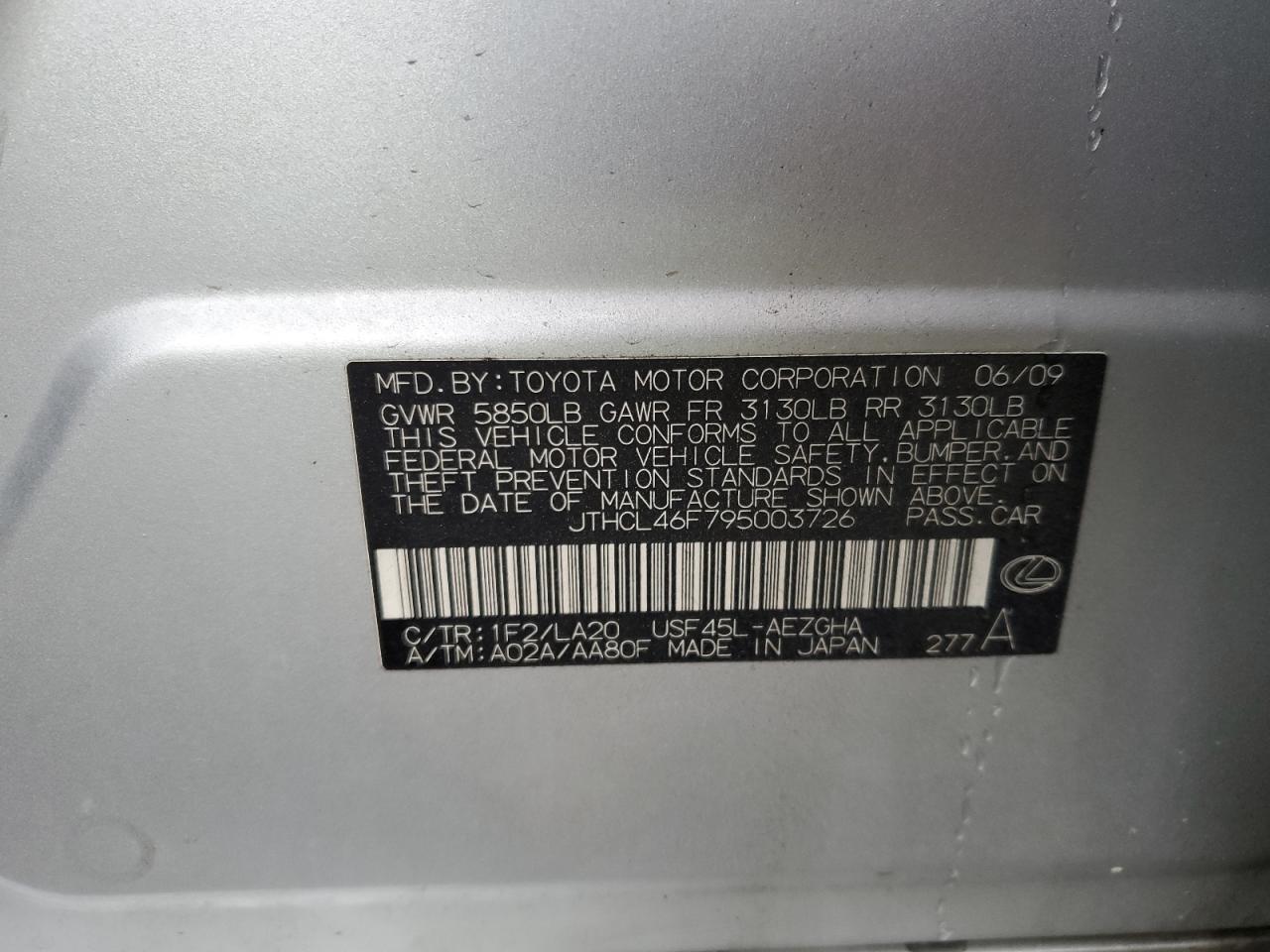 JTHCL46F795003726 2009 Lexus Ls 460