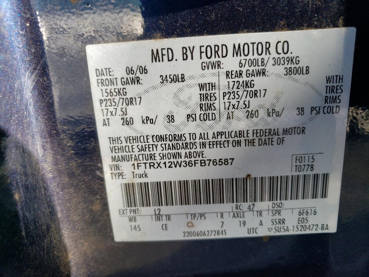 1FTRX12W36FB76587 2006 Ford F150
