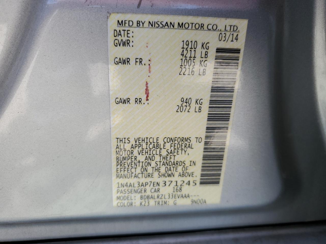 1N4AL3AP7EN371245 2014 Nissan Altima 2.5