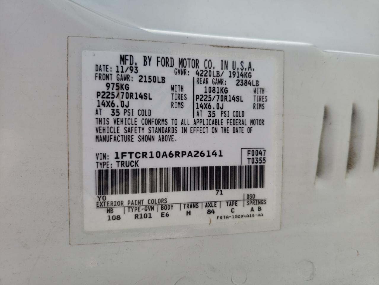 1FTCR10A6RPA26141 1994 Ford Ranger