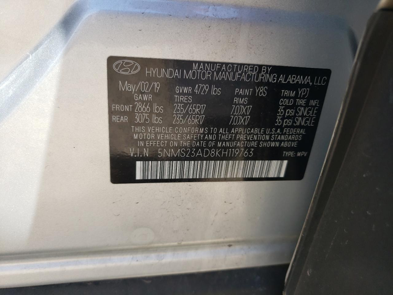 5NMS23AD8KH119763 2019 Hyundai Santa Fe Se