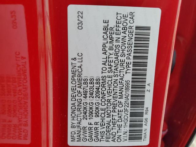 2022 Honda Accord Hybrid Sport VIN: 1HGCV3F22NA018995 Lot: 52716934