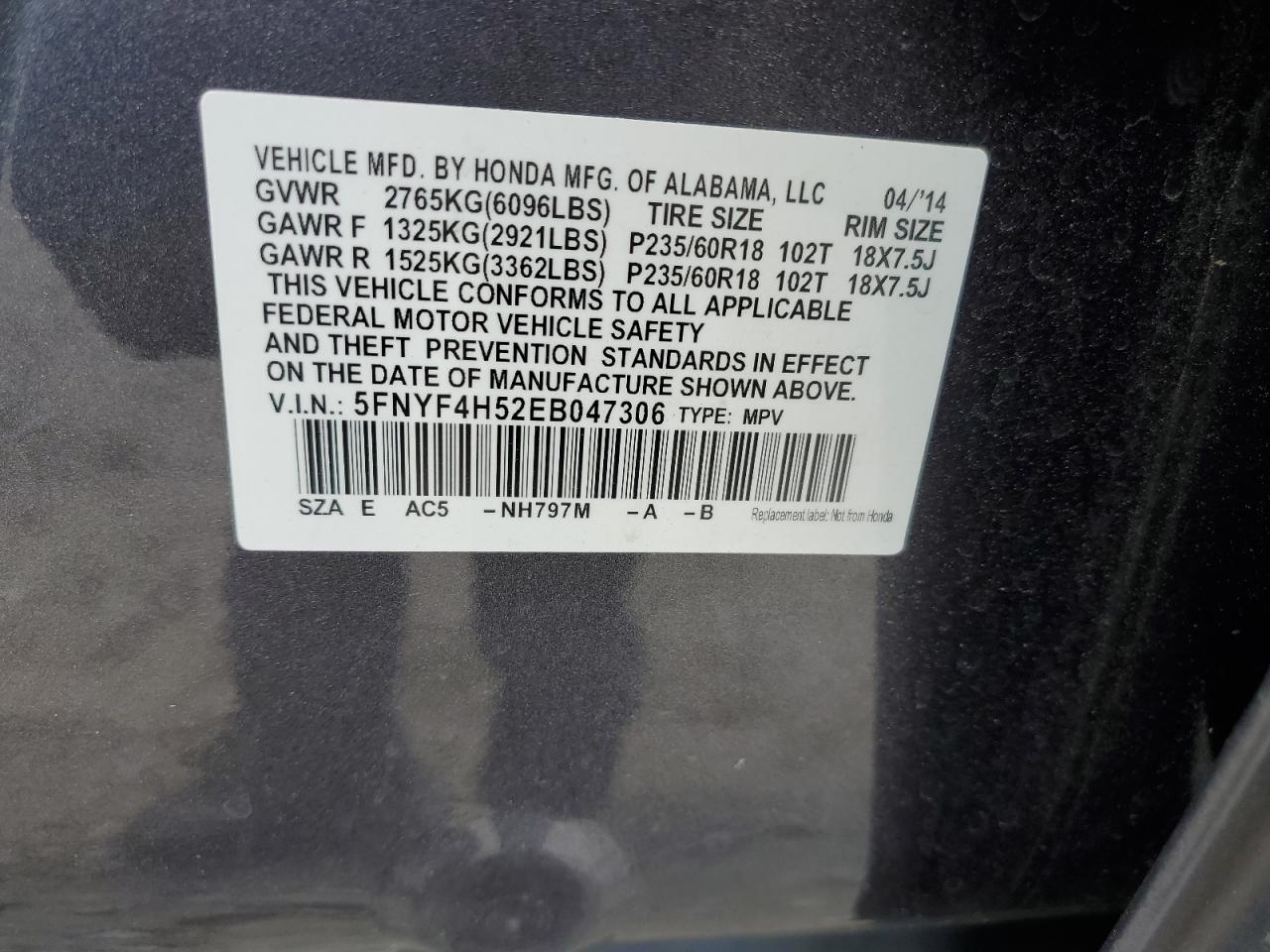 5FNYF4H52EB047306 2014 Honda Pilot Exl