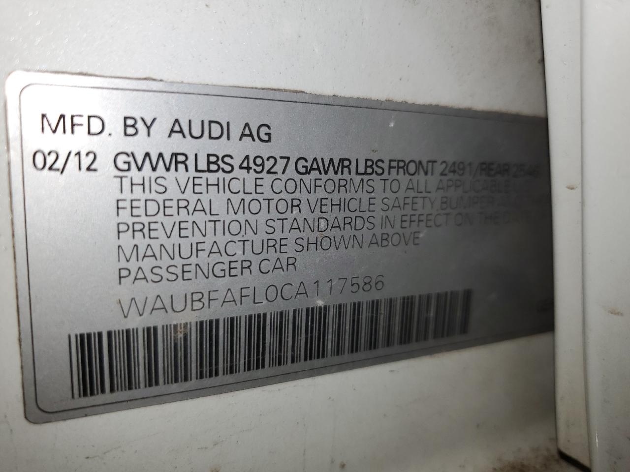 WAUBFAFL0CA117586 2012 Audi A4 Premium