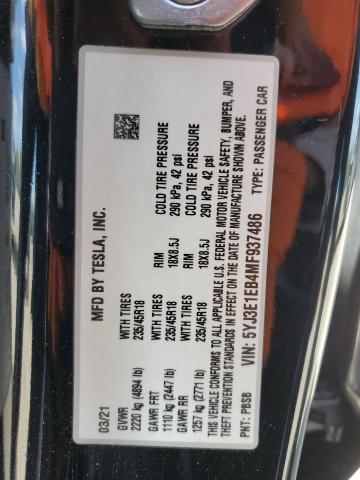 2021 TESLA MODEL 3 - 5YJ3E1EB4MF937486