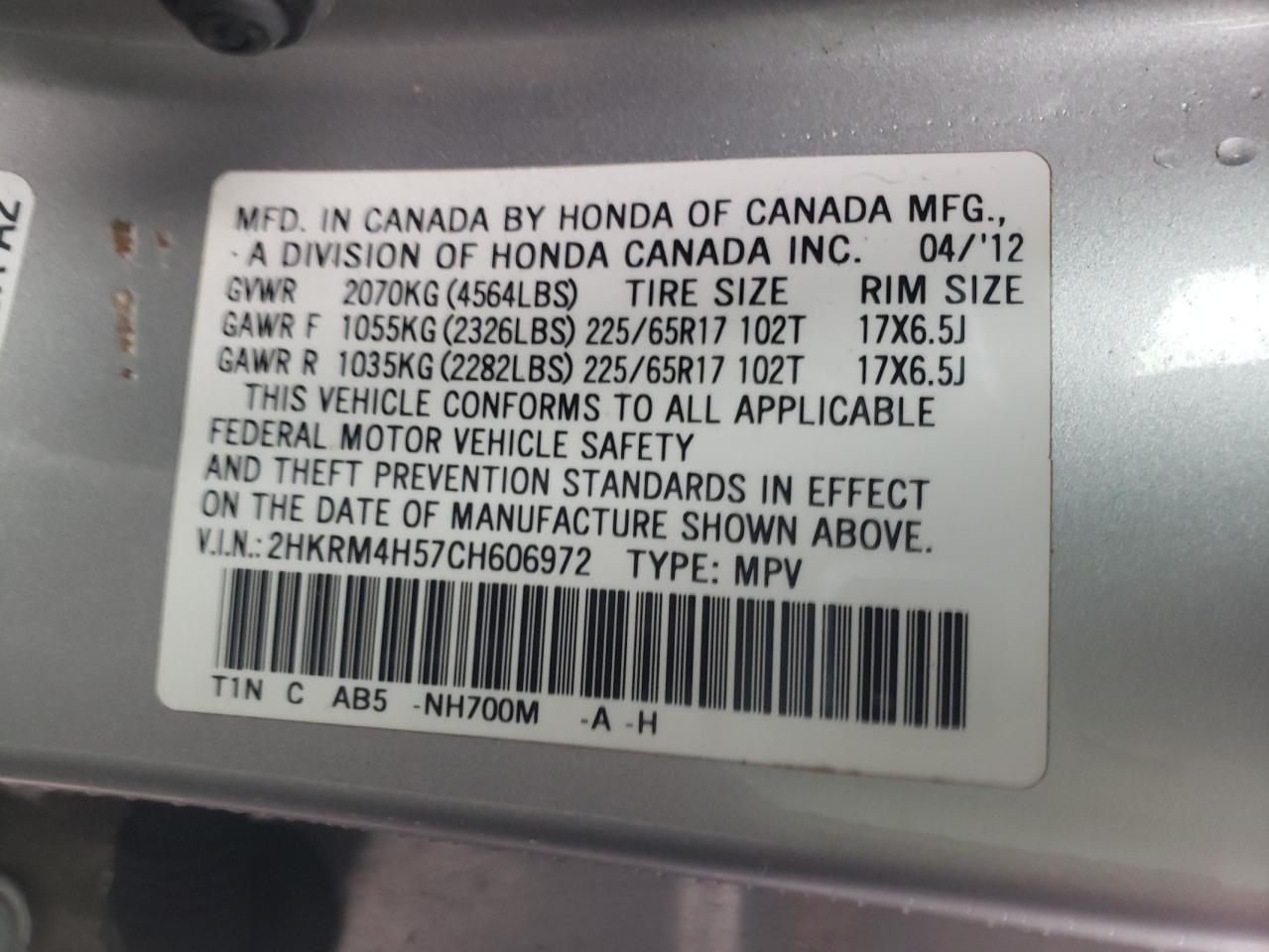 2HKRM4H57CH606972 2012 Honda Cr-V Ex