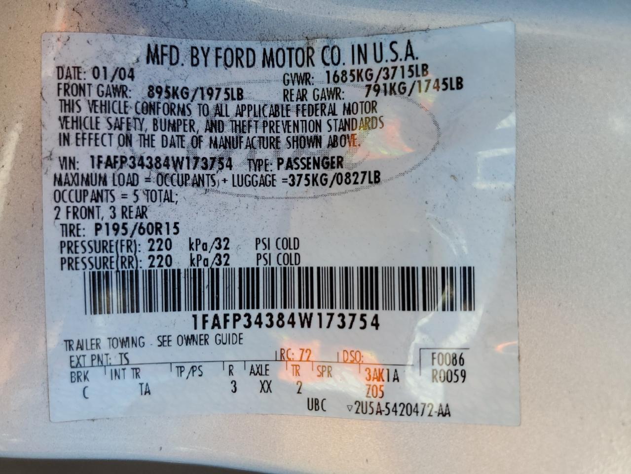 1FAFP34384W173754 2004 Ford Focus Se Comfort