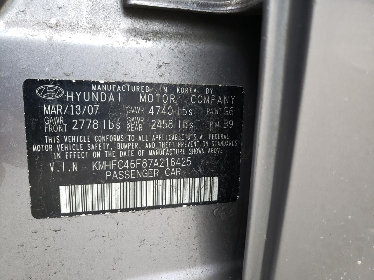 KMHFC46F87A216425 2007 Hyundai Azera Se