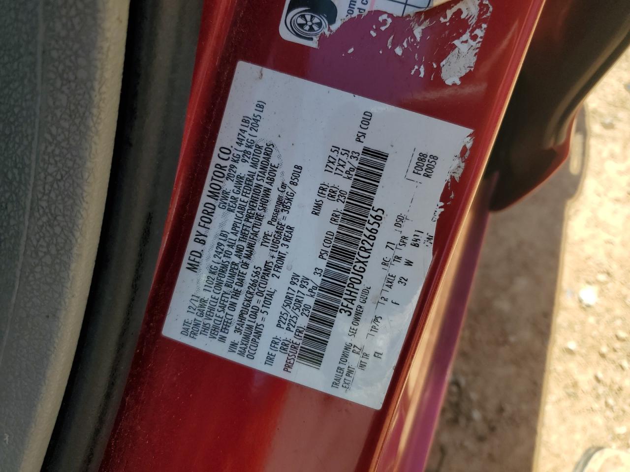 2012 Ford Fusion Sel vin: 3FAHP0JGXCR266565