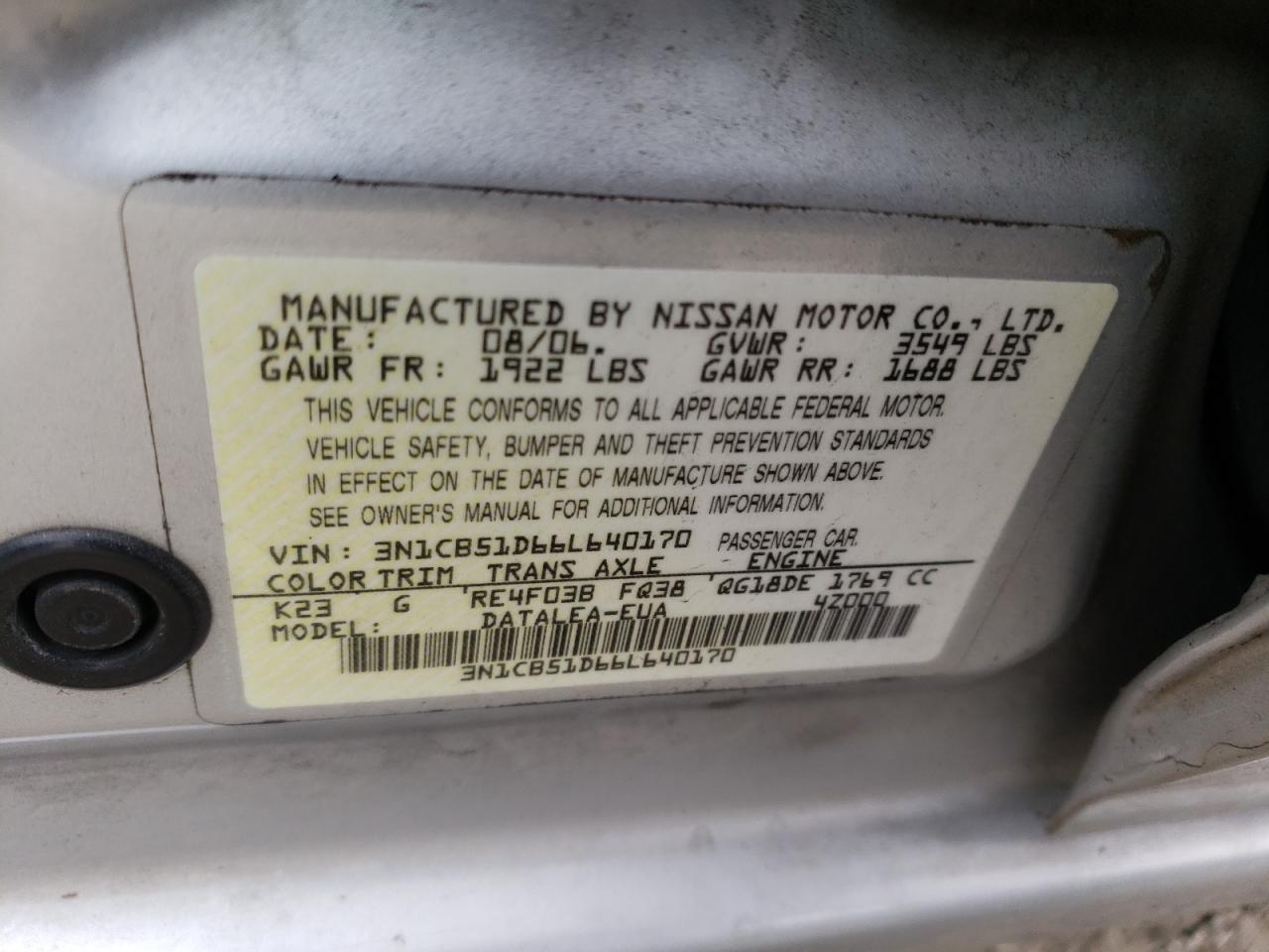 3N1CB51D66L640170 2006 Nissan Sentra 1.8