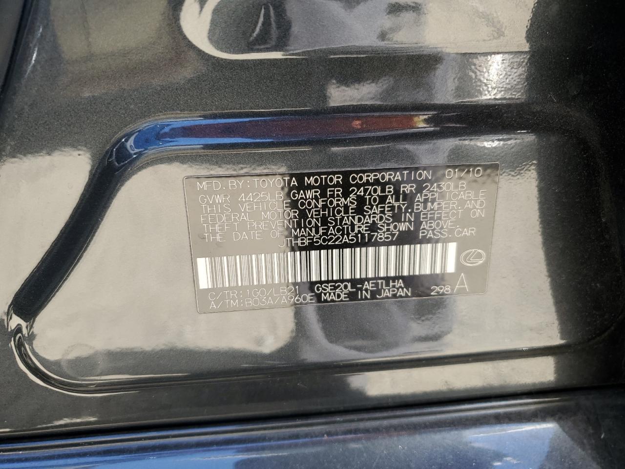 JTHBF5C22A5117857 2010 Lexus Is 250